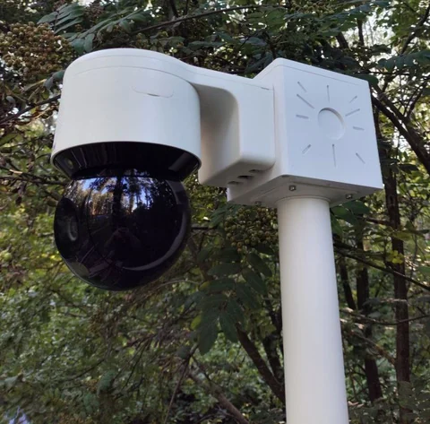 Купольная камера на монтажной коробке BOXFORCAM™ MONO на белой трубостойке, крупный план