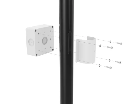 Рендер: коробка BOXFORCAM™ MONO крепится к круглой трубе через скобу и винты