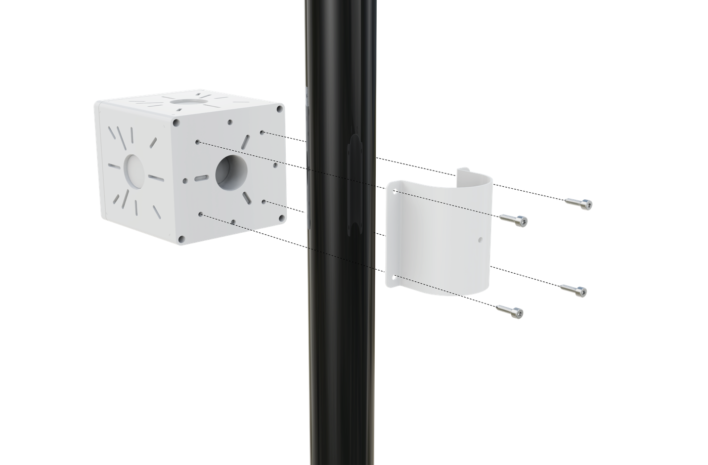 Схема монтажа: крепление коробки BOXFORCAM™ 4K в любом месте мачты — пунктирная технич. схема